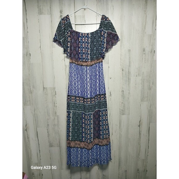Chicos Dress Women 00 US Extra Small Blue Ikat Peasant Maxi Off Shoulder Blouson - Picture 1 of 8